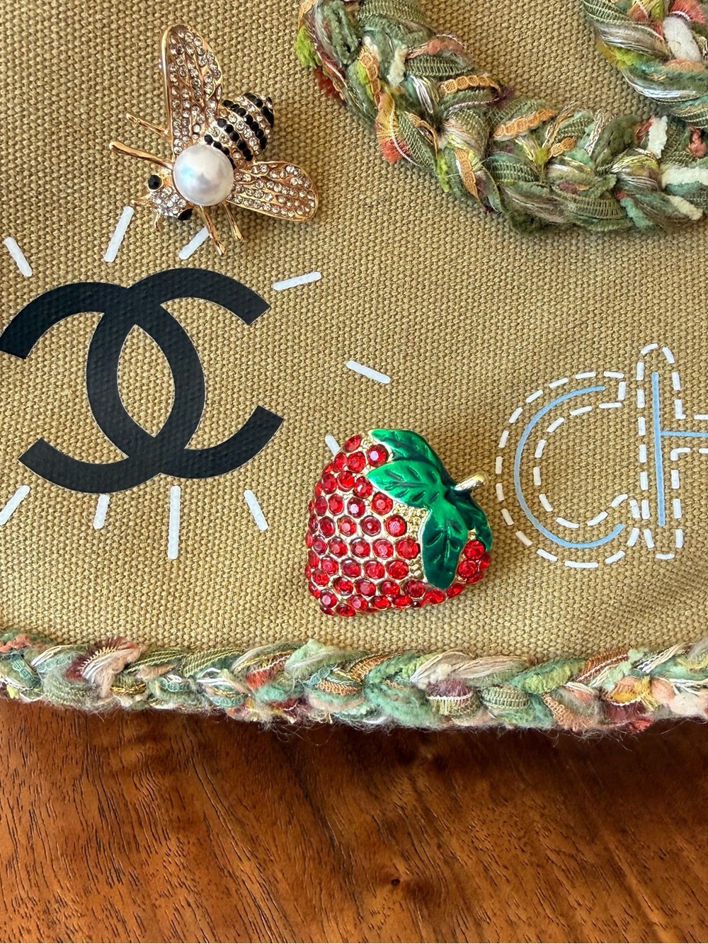 Gold-Tone Strawberry Brooch with Red Crystals and Green Enamel Leaves